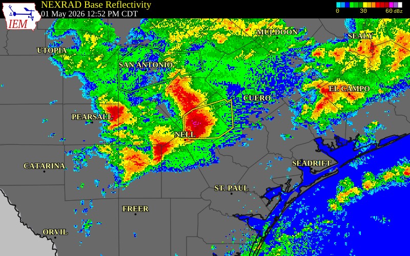 NEXRAD radar during the Friday, May 1, 2026 storm activity in Karnes County, Texas