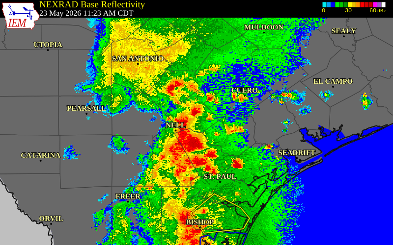 NEXRAD radar during the Saturday, May 23, 2026 storm activity in Karnes County, Texas