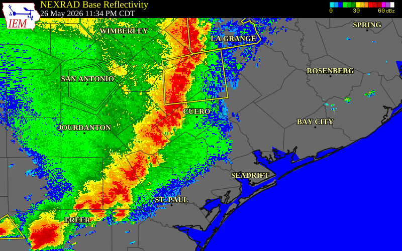 NEXRAD radar during the Tuesday, May 26, 2026 storm activity in Karnes County, Texas