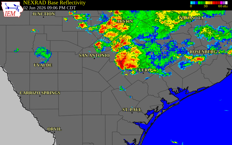 Radar snapshot during the Jun 2, 2026 wind event near Karnes County, Karnes County, Texas, with NWS warning polygons