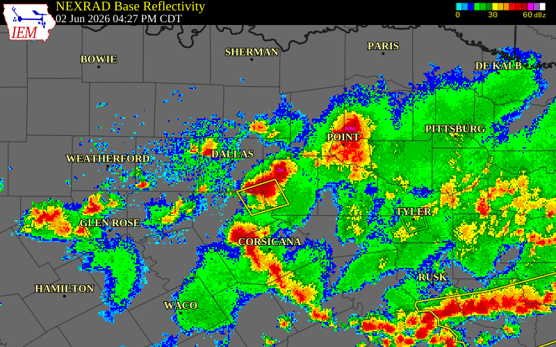NEXRAD radar during the Tuesday, June 2, 2026 storm activity in Kaufman County, Texas