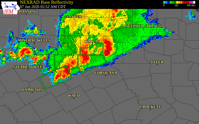 NEXRAD radar during the Sunday, June 7, 2026 storm activity in Kaufman County, Texas