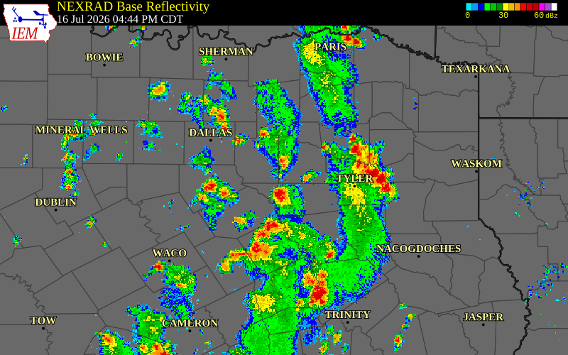 Radar snapshot during the Jul 16, 2026 wind event near Kaufman County, Kaufman County, Texas, with NWS warning polygons