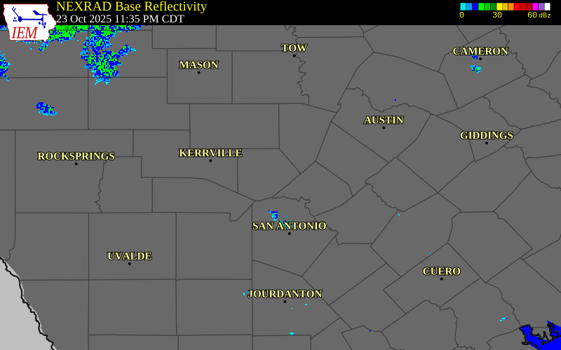NEXRAD radar during the Thursday, October 23, 2025 storm activity in Kendall County, Texas