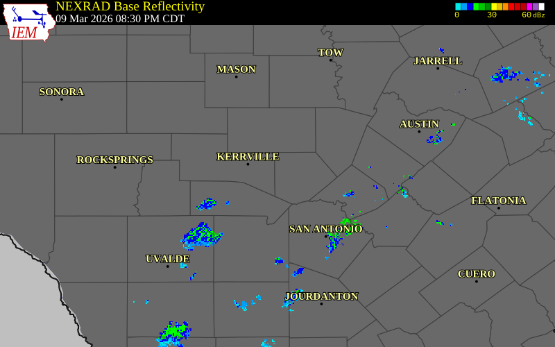 NEXRAD radar during the Monday, March 9, 2026 storm activity in Kendall County, Texas