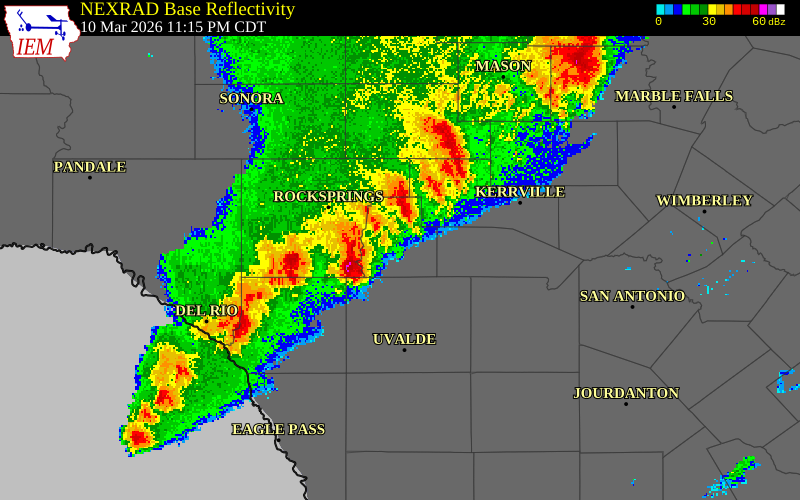 NEXRAD radar during the Tuesday, March 10, 2026 storm activity in Kendall County, Texas