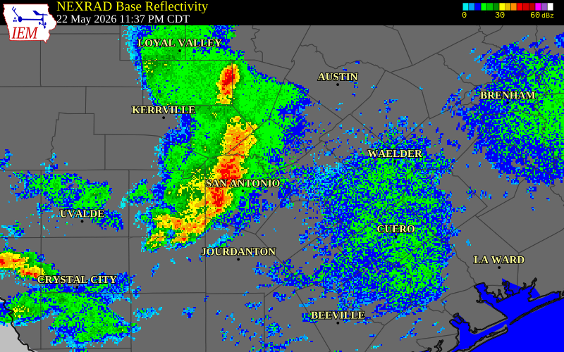 NEXRAD radar during the Friday, May 22, 2026 storm activity in Kendall County, Texas