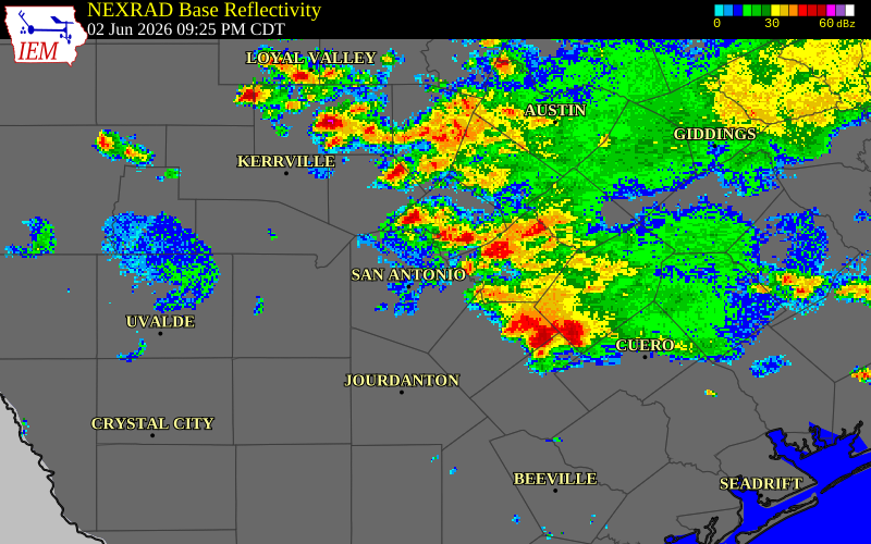 NEXRAD radar during the Tuesday, June 2, 2026 storm activity in Kendall County, Texas
