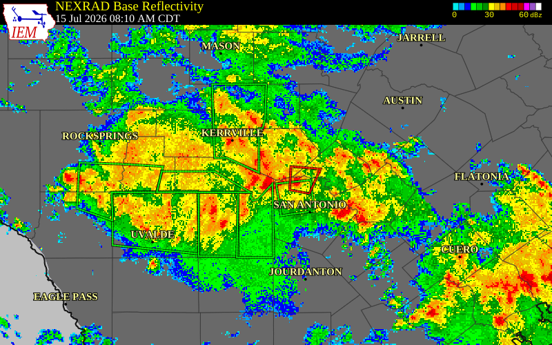 NEXRAD radar during the Wednesday, July 15, 2026 storm activity in Kendall County, Texas