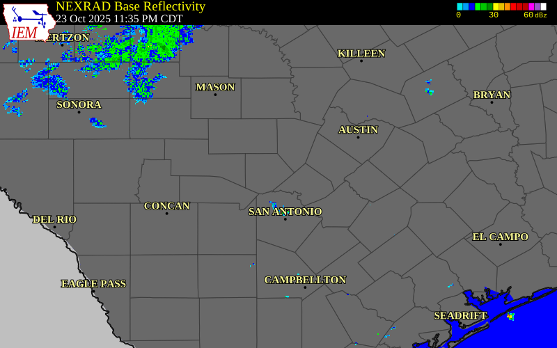 Radar snapshot during the Oct 23, 2025 tornado event near 4 SW Kendalia, Kendall County, Texas, with NWS warning polygons