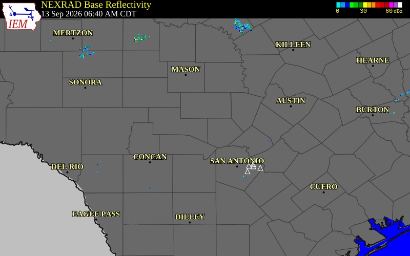 Current NEXRAD radar over Kendall County, Texas with recent storm report locations
