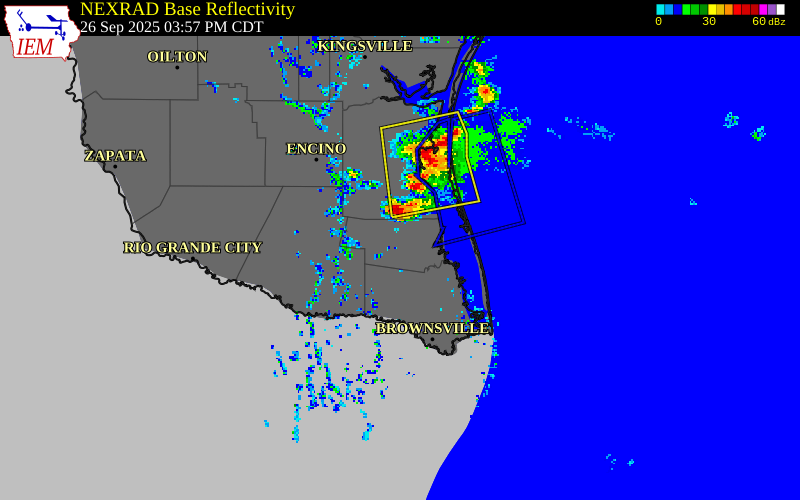 NEXRAD radar during the Friday, September 26, 2025 storm activity in Kenedy County, Texas