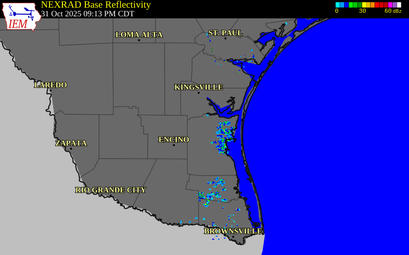 NEXRAD radar during the Friday, October 31, 2025 storm activity in Kenedy County, Texas