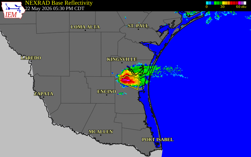 NEXRAD radar during the Friday, May 22, 2026 storm activity in Kenedy County, Texas
