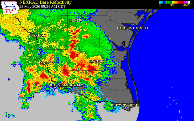 NEXRAD radar during the Saturday, May 23, 2026 storm activity in Kenedy County, Texas