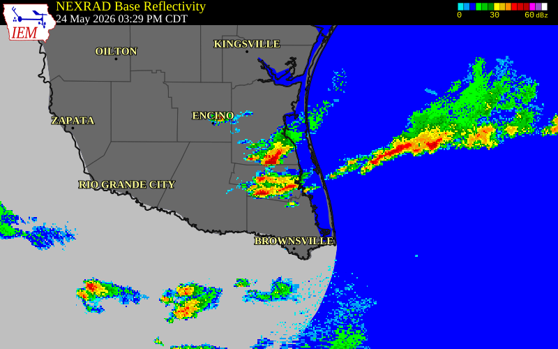 NEXRAD radar during the Sunday, May 24, 2026 storm activity in Kenedy County, Texas
