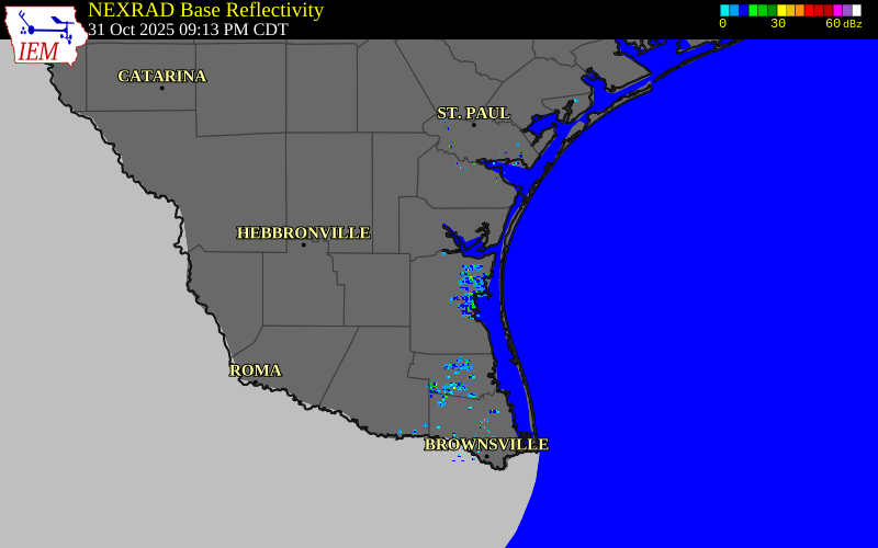 Radar snapshot during the Oct 31, 2025 hail event near 6 S Sarita, Kenedy County, Texas, with NWS warning polygons