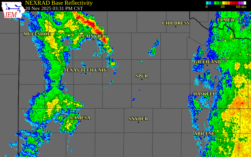 NEXRAD radar during the Thursday, November 20, 2025 storm activity in Kent County, Texas