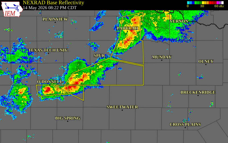 NEXRAD radar during the Thursday, May 14, 2026 storm activity in Kent County, Texas