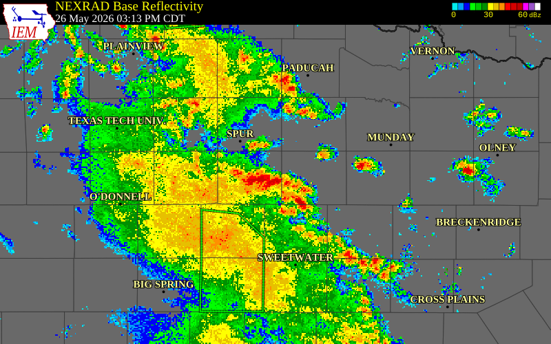 NEXRAD radar during the Tuesday, May 26, 2026 storm activity in Kent County, Texas