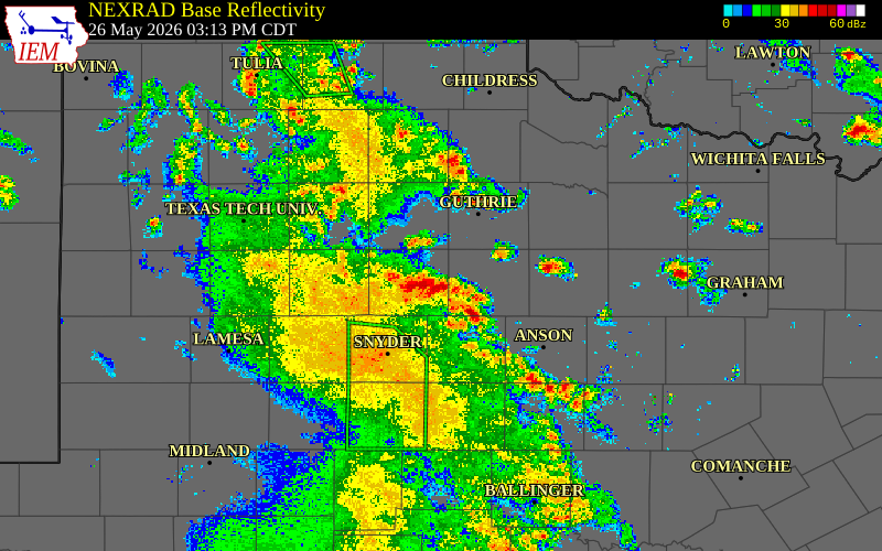 Radar snapshot during the May 26, 2026 wind event near 1 SSE Jayton, Kent County, Texas, with NWS warning polygons