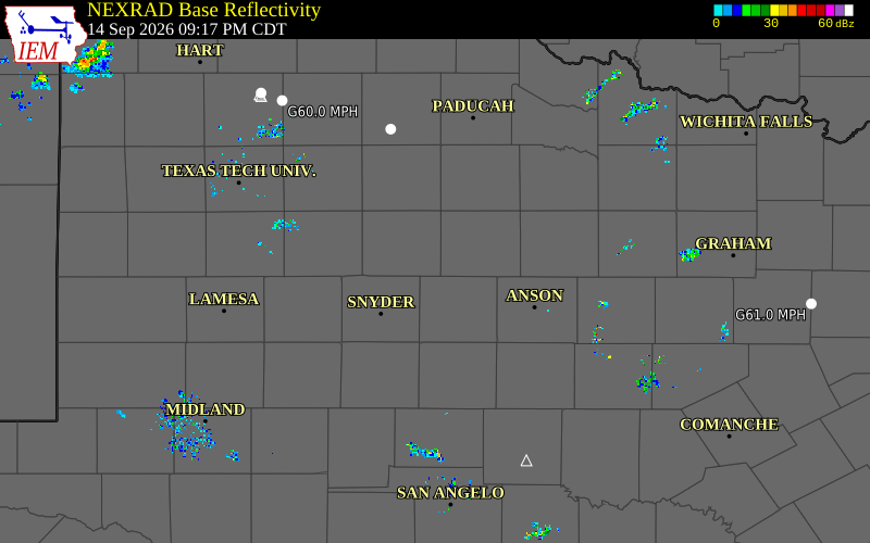 Current NEXRAD radar over Kent County, Texas with recent storm report locations