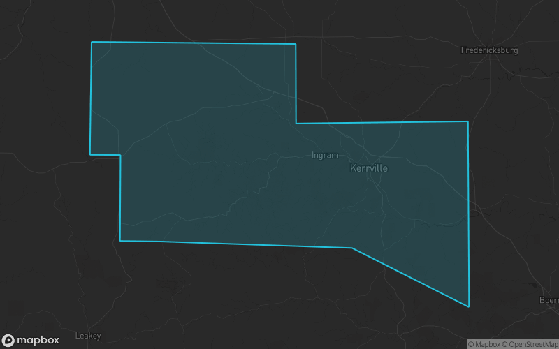 Map of Kerr County, Texas showing the county boundary and surrounding cities