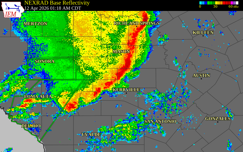 NEXRAD radar during the Sunday, April 12, 2026 storm activity in Kerr County, Texas