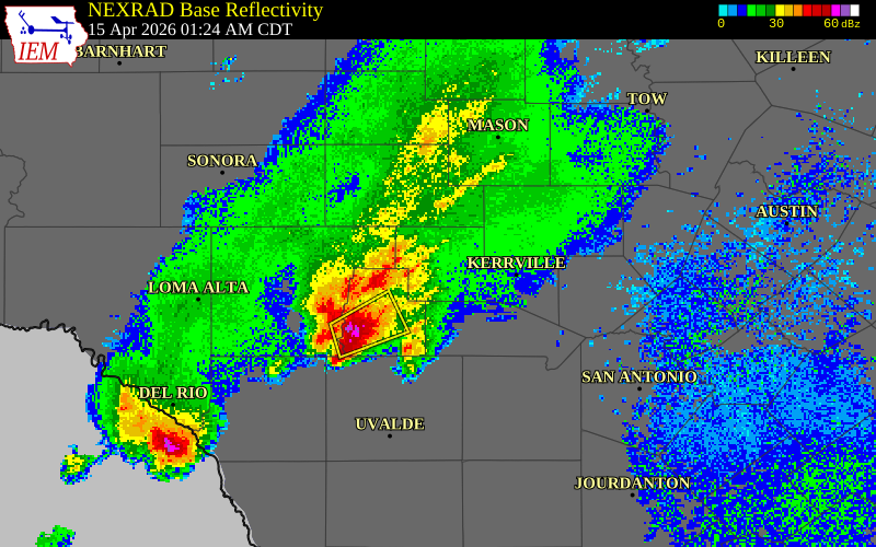 NEXRAD radar during the Wednesday, April 15, 2026 storm activity in Kerr County, Texas