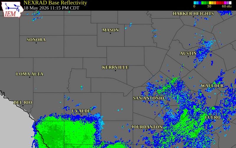 NEXRAD radar during the Monday, May 18, 2026 storm activity in Kerr County, Texas