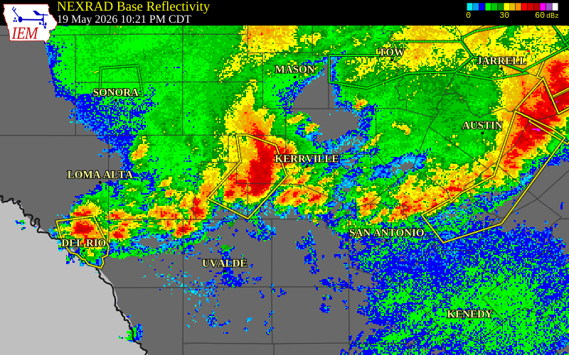 NEXRAD radar during the Tuesday, May 19, 2026 storm activity in Kerr County, Texas
