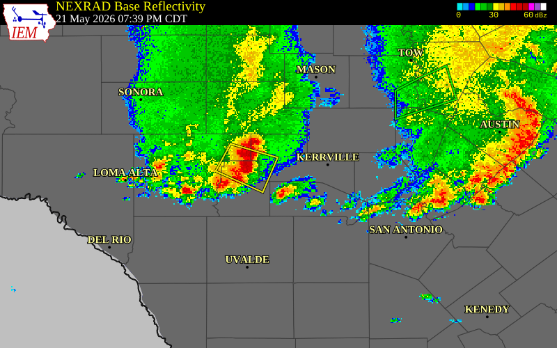 NEXRAD radar during the Thursday, May 21, 2026 storm activity in Kerr County, Texas
