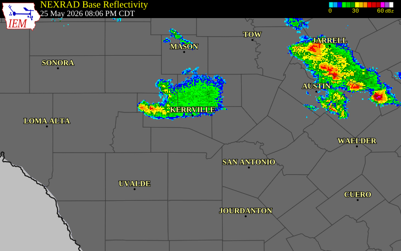 NEXRAD radar during the Monday, May 25, 2026 storm activity in Kerr County, Texas