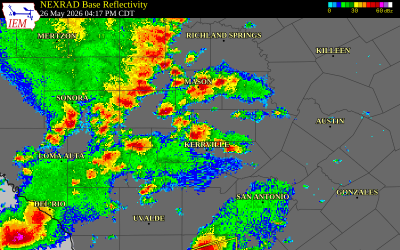 NEXRAD radar during the Tuesday, May 26, 2026 storm activity in Kerr County, Texas