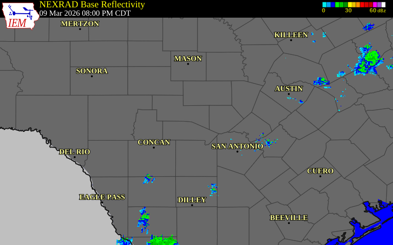 Radar snapshot during the Mar 9, 2026 hail event near Camp Verde, Kerr County, Texas, with NWS warning polygons