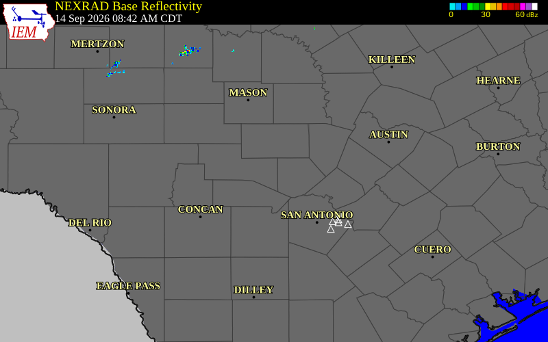 Current NEXRAD radar over Kerr County, Texas with recent storm report locations
