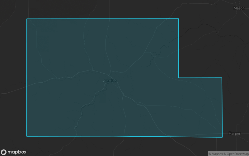 Map of Kimble County, Texas showing the county boundary and surrounding cities