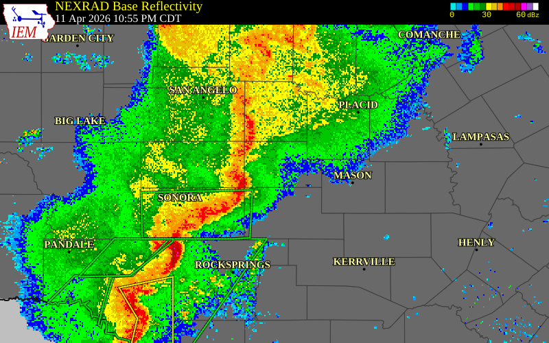NEXRAD radar during the Saturday, April 11, 2026 storm activity in Kimble County, Texas