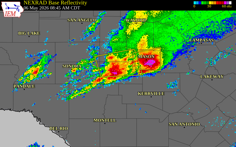 NEXRAD radar during the Wednesday, May 6, 2026 storm activity in Kimble County, Texas