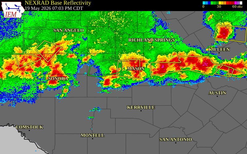 NEXRAD radar during the Tuesday, May 19, 2026 storm activity in Kimble County, Texas