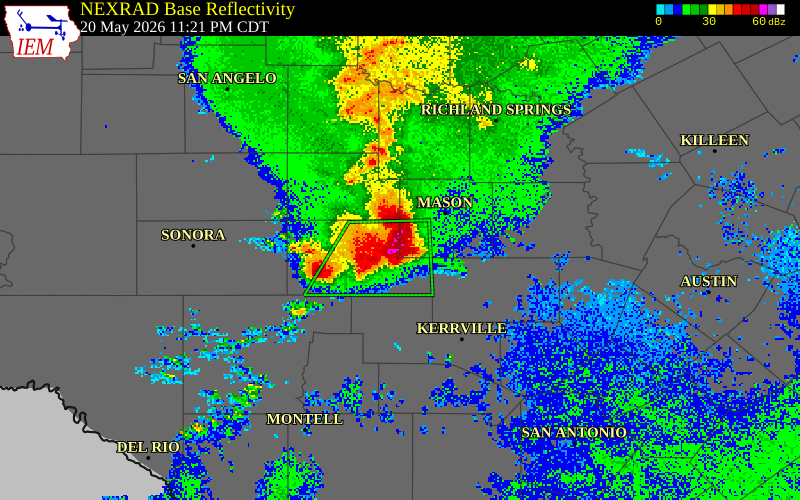 NEXRAD radar during the Wednesday, May 20, 2026 storm activity in Kimble County, Texas