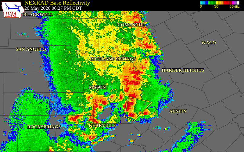 NEXRAD radar during the Tuesday, May 26, 2026 storm activity in Kimble County, Texas