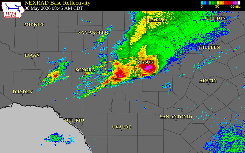 Radar snapshot during the May 6, 2026 hail event near Junction, Kimble County, Texas, with NWS warning polygons