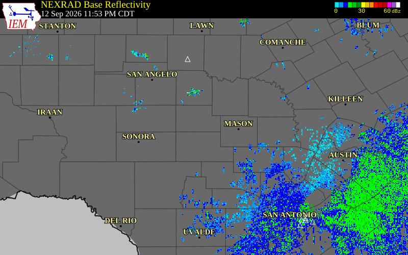 Current NEXRAD radar over Kimble County, Texas with recent storm report locations
