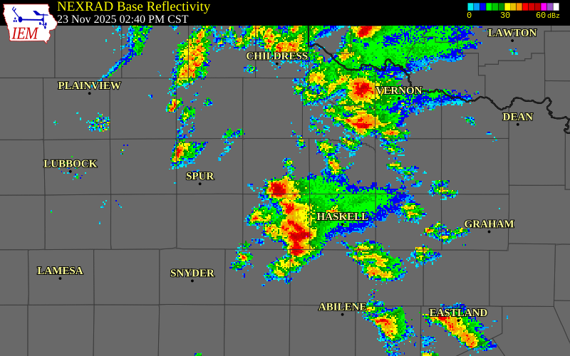 NEXRAD radar during the Sunday, November 23, 2025 storm activity in King County, Texas