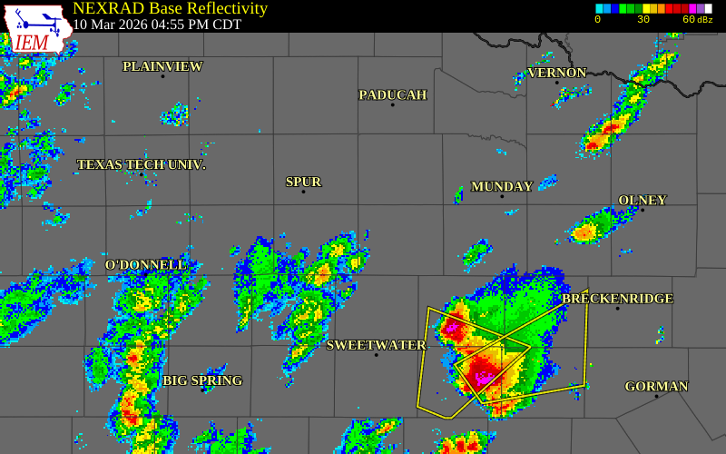 NEXRAD radar during the Tuesday, March 10, 2026 storm activity in King County, Texas