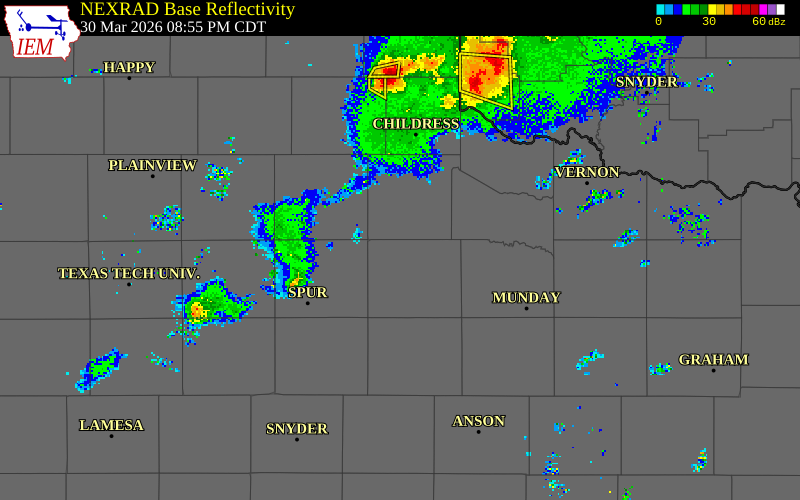NEXRAD radar during the Monday, March 30, 2026 storm activity in King County, Texas