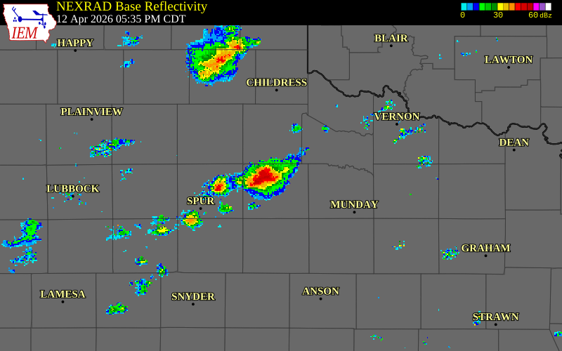 NEXRAD radar during the Sunday, April 12, 2026 storm activity in King County, Texas
