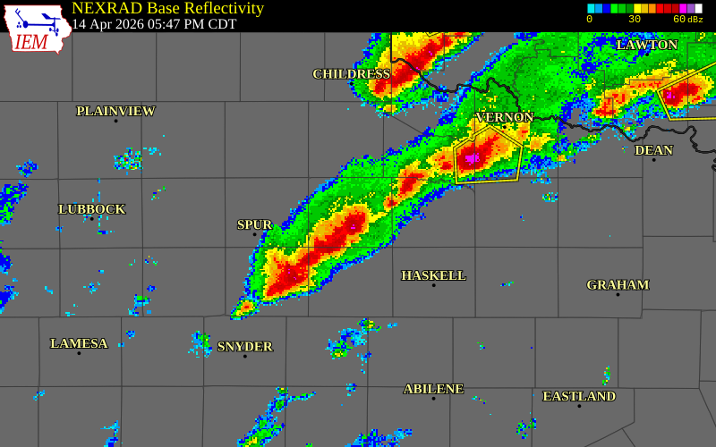 NEXRAD radar during the Tuesday, April 14, 2026 storm activity in King County, Texas