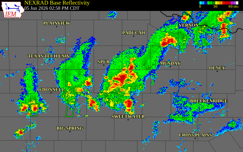 NEXRAD radar during the Friday, June 5, 2026 storm activity in King County, Texas